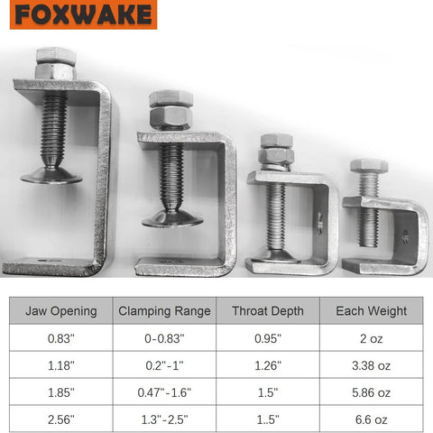 Four FoxWake stainless steel C-clamps with threaded bolts and wide jaws for mounting and metalworking.