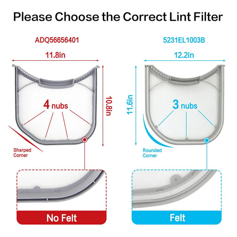 Comparison of two dryer lint filter screens, ADQ56656401 and 5231EL1003B, showing dimensions and corner types with labels.
