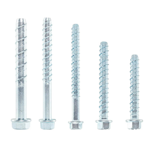 Tough As Nails Concrete Screws And Anchor Bolts 5/8 Through 6 Inch 10 Pieces Kit Set Zinc Coated Hex Head close-up view of various sizes.