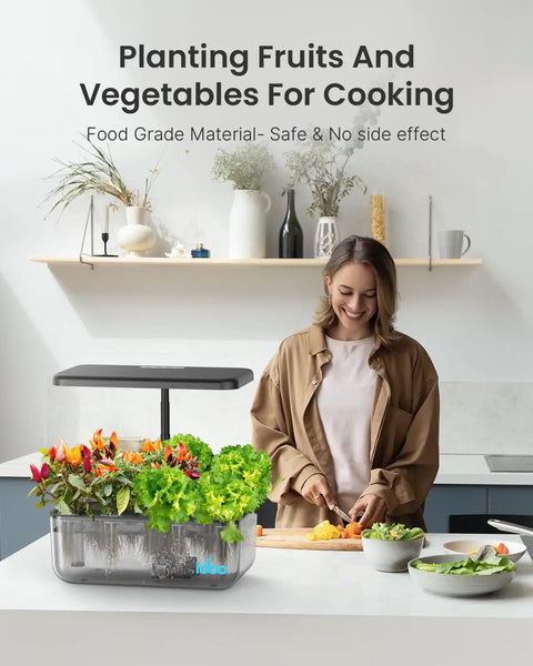 Woman using 12 Pod Indoor Led Hydroponic System Kit With Self Watering 5L Reservoir Transparent Grow Station for fresh herbs in kitchen