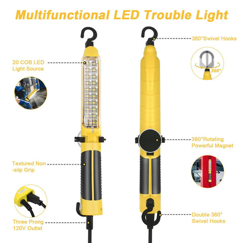 Handheld Corded Work Light With Magnetic Base And Dual 360 Degree Hooks, ETL Listed 16 AWG Drop Light For Car Repair