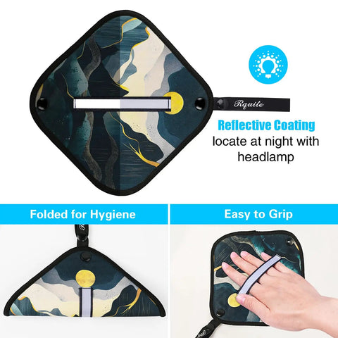 Two Pack Pee Cloths For Women On The Go showing design, reflective strip, folded for hygiene, and easy grip handle.