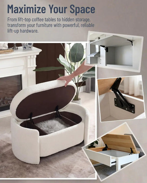 Top Shelf Soft Close Hinges For Toy Box 2 Pack shown on a cozy storage ottoman, showcasing smooth heavy-duty lid support.