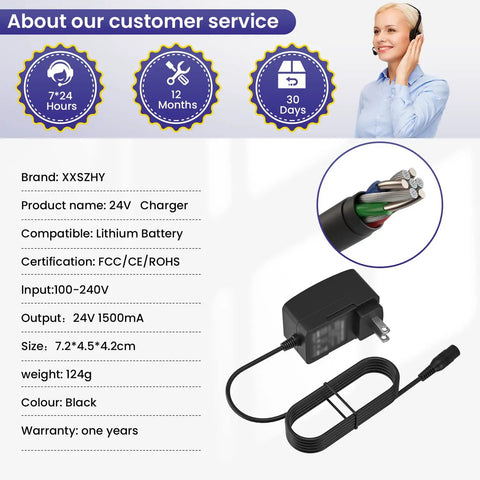24V Electric Scooter Charger For Razor E100 E125 E150 E175 E200 E300 with cord and specifications displayed