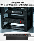 Plug And Play 10 Inch Rack PDU With Four AC Outlets sits in a mini server rack, designed for 10-inch 1U installation.