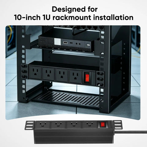 Plug And Play 10 Inch Rack PDU With Four AC Outlets sits in a mini server rack, designed for 10-inch 1U installation.