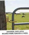 Farm Gate Latch Instant Locking Fence Gate Latch Heavy-Duty One-Hand Gates Locks for Farm, Ranch & Backyard, Wood, Metal & Pipe Gates on a wooden post.