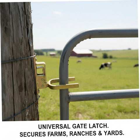 Farm Gate Latch Instant Locking Fence Gate Latch Heavy-Duty One-Hand Gates Locks for Farm, Ranch & Backyard, Wood, Metal & Pipe Gates on a wooden post.