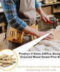 240 Piece Wood Dowels Kit With Sizes One Quarter Inch, Five Sixteenths Inch, And Three Eighths Inch, Tapered Ends With Beveled Grooves, Wood Peg Pins For Easy Hands On Furniture Repair, Replacement And DIY Woodworking Projects displayed with tools in a workshop
