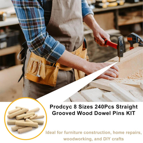 240 Piece Wood Dowels Kit With Sizes One Quarter Inch, Five Sixteenths Inch, And Three Eighths Inch, Tapered Ends With Beveled Grooves, Wood Peg Pins For Easy Hands On Furniture Repair, Replacement And DIY Woodworking Projects displayed with tools in a workshop