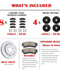 Front And Rear Drilled And Slotted Rotors And Ceramic Brake Pads Replacement Kit For 2010 To 2017 GMC Terrain And 2010 To 2017 Chevy Equinox Delivers Beefed Up Stopping Power Quiet Braking Easy Install Long Lasting Performance, with detailed components and quantities displayed.