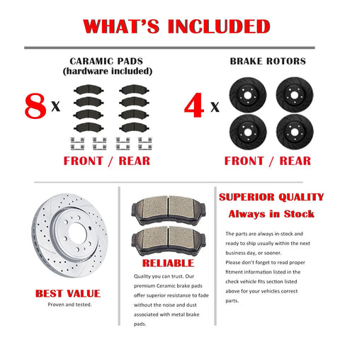 Front And Rear Drilled And Slotted Rotors And Ceramic Brake Pads Replacement Kit For 2010 To 2017 GMC Terrain And 2010 To 2017 Chevy Equinox Delivers Beefed Up Stopping Power Quiet Braking Easy Install Long Lasting Performance, with detailed components and quantities displayed.