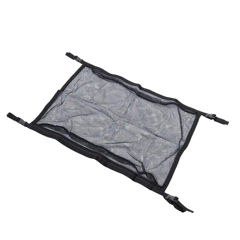 Double Layer Car Ceiling Cargo Net For SUV Truck Van, Roof Storage Organizer with four attachment points in black polyester.