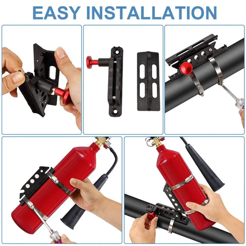 Quick Release Fire Extinguisher Holder Mount Bracket For Wrangler And UTVs installed on roll bar with red extinguisher