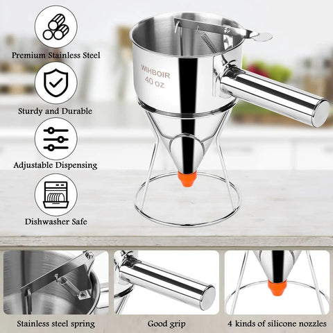 Smooth Pour 40 Oz Stainless Steel Pancake Batter Dispenser And Multi Nozzle Kitchen Funnel with silicone nozzles on countertop.