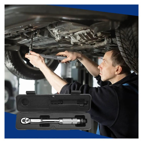 Heavy Duty Shop Torque Wrench Set Featuring Adjustable 5 To 100 Ft Lb Range Including Quarter Three Eighth And Half Inch Drives in use.