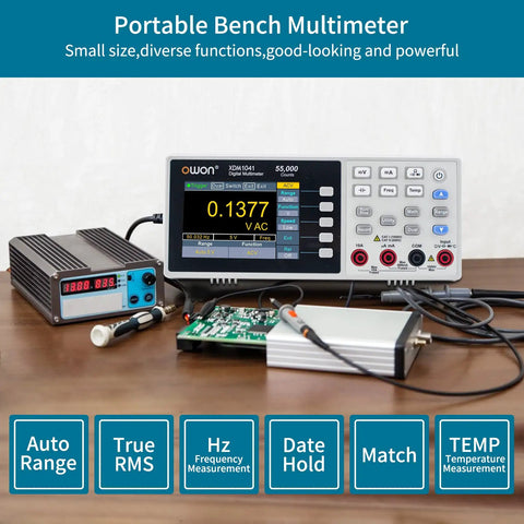 Portable Digital Multimeter With Three Point Five Inch TFT LCD Backlit Screen 55000 Counts True RMS Dual Line Display on bench