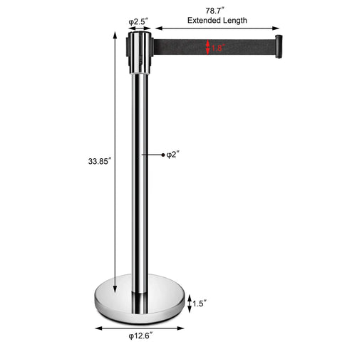 Stanchions Set Of 2 36 Inch Height With Six Point Five Foot Retractable Belt Heavy Duty Workhorse Steel Crowd Control Barriers Black Powder Coated Posts Silver Belts For Event Safety And Restaurant Queue Management, showing dimensions.