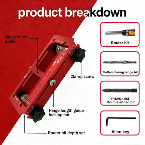 Door Hinge Jig Kit For Router with aluminum alloy adjustable mortise template, hinge length guide, router bit, and Allen key.