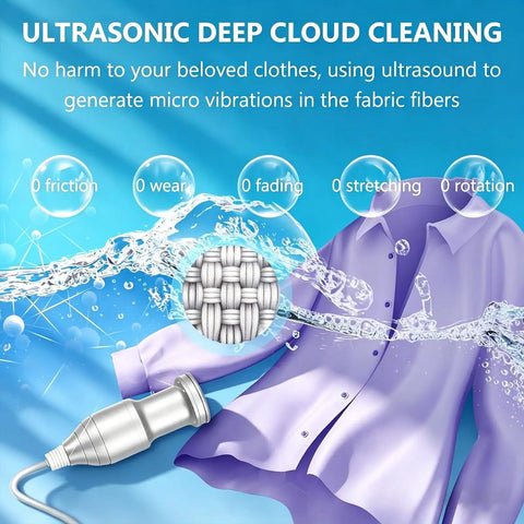 Make Short Work Of Stubborn Grime With This Slick Mini Immersible Ultrasonic Cleaner Featuring Adjustable Timer And Precise Power Settings For Spotless Jewelry Dishes Produce And Glassware, showing cleaning process with ultrasonic stick and shirt.