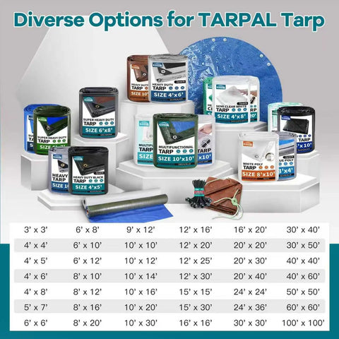 Various tarp sizes displayed, including Green 10x10 Feet Waterproof Tarp Made From Lightweight 6mil Poly Multipurpose Protective Cover.