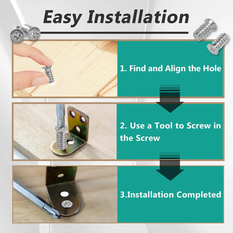 Heavy Duty Drawer Rail Euro Screws One Hundred Pack Cabinet Slide Replacement Fastener Set installation steps on wooden surface.