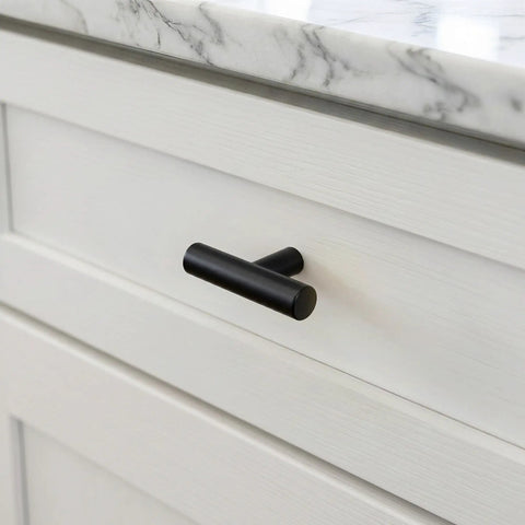12 Pack Black Cabinet Knobs for Drawers and Cabinets, 2 Inch Single Hole, Includes 1 Inch and 1.77 Inch Mounting Screws, Easy Install, Individually Wrapped, Durable Modern Hardware for Quick Update on white cabinet drawer