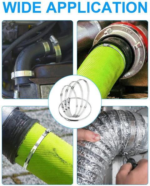 4 inch stainless steel hose clamps in automotive and industrial settings with wide application, showing durability and corrosion resistance.