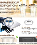 Heavy Duty 110V Manual Cup Sealer Handles 90 And 95 Mm Cups Up To 7 Inches Tall, showing specifications for compatible cup sizes.