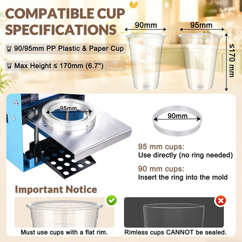 Heavy Duty 110V Manual Cup Sealer Handles 90 And 95 Mm Cups Up To 7 Inches Tall, showing specifications for compatible cup sizes.
