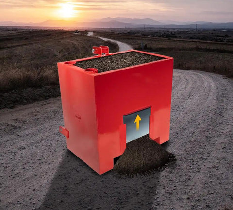 Beefy 3 Point Hitch Tractor Ballast Box With 800 Lbs Capacity, Heavy Duty Welded Steel Construction, unloading gravel outdoors