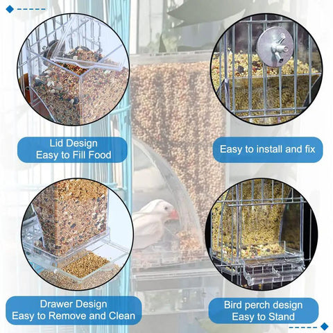 No Mess Premium Clear Acrylic Bird Cage Feeder Two Pack featuring easy fill lid and removable drawer for lovebirds and finches.