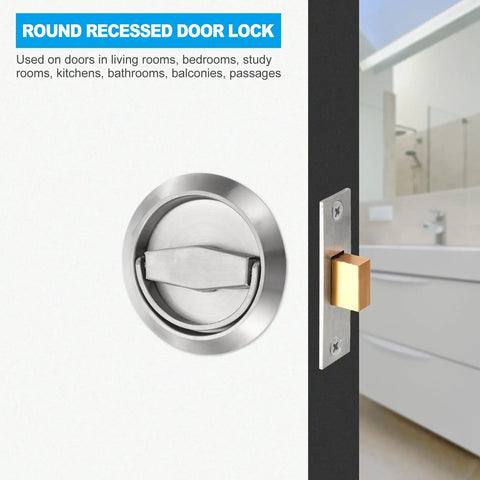 Round recessed door lock installed on a bathroom door, showing the sleek design and functionality of the lock mechanism.