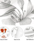 Gray Leaf Peel and Stick Wallpaper Dope Look Floral Self Adhesive Watercolor Leaves for Cabinets and Walls Removable Botanical Contact Paper Easy Peel and Stick Vibe Elegant Gray Wall Decor 17.7 by 394 Inches showing rolled wallpaper and easy application icons