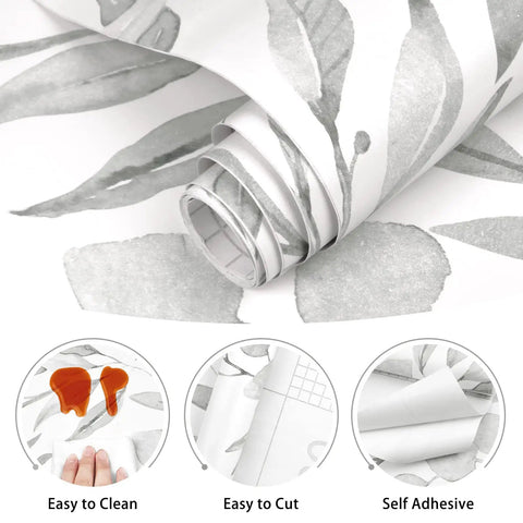 Gray Leaf Peel and Stick Wallpaper Dope Look Floral Self Adhesive Watercolor Leaves for Cabinets and Walls Removable Botanical Contact Paper Easy Peel and Stick Vibe Elegant Gray Wall Decor 17.7 by 394 Inches showing rolled wallpaper and easy application icons