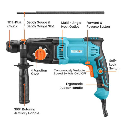 One Inch SDS Plus Rotary Hammer Drill With Safety Clutch 7 Amp Corded 4 Function Variable Speed For Concrete And Masonry Drilling