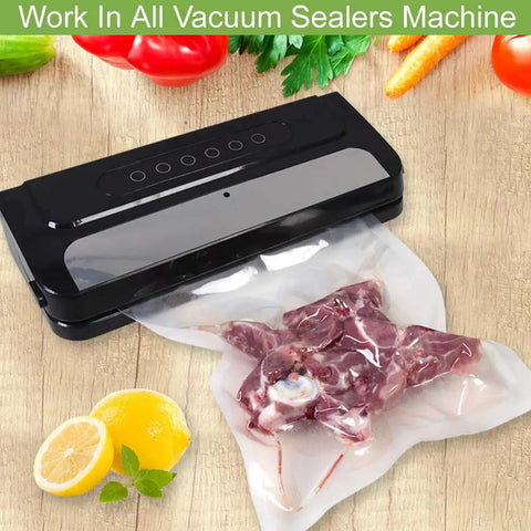 Six Pack Vacuum Sealer Bags Rolls In Two Sizes 8 By 20 Inches And 11 By 20 Inches BPA Free Puncture Resistant Universal Clamp Style Fit All Sealer Machines Great For Food Storage And Sous Vide Cooking in use with vacuum sealer on wooden surface