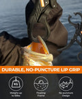 Angler using no-puncture lip gripper from SteelStream 6pc Fishing Tool Kit with a fish, focus on durable design for secure grip.