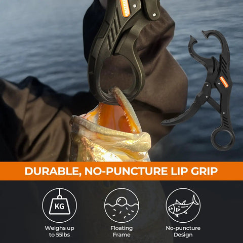 Angler using no-puncture lip gripper from SteelStream 6pc Fishing Tool Kit with a fish, focus on durable design for secure grip.
