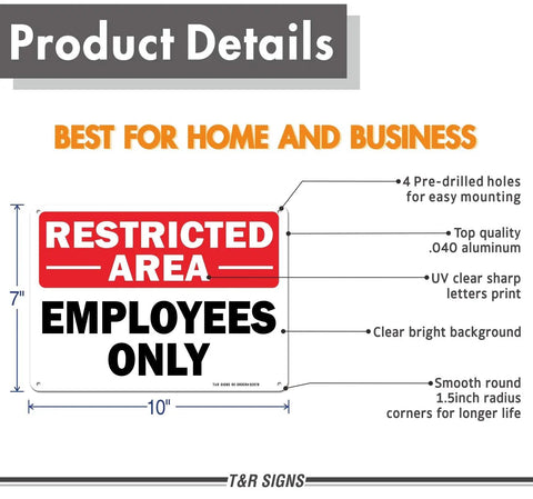 Dang Solid Metal Restricted Area Sign And Employees Only Plate Two Piece Set 10 By 7 Inch Heavy Duty Warning Tag showing product details and dimensions.