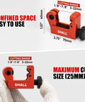 Front view of SHALL red 4-piece tubing cutter set with deburring tool; cutting range 1/8–7/8 in (3–22mm).