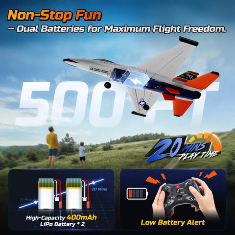 RC airplane in flight with remote control, showcasing dual LiPo batteries, F16 Style RC Airplane With 4 Channel Control And 6 Axis Gyro Stabilizer Ready To Fly EPP Glider For Adults And Teens Easy To Learn Dope Jet Vibe Durable RTF Aircraft For Backyard Flights