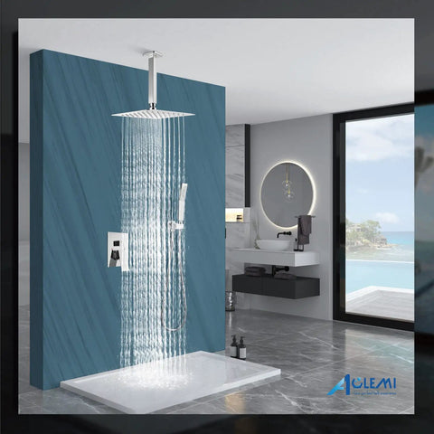 Polished Chrome 12 Inch Ceiling Mount Shower System With Rain Shower Head And Handheld Spray Luxury Shower Combo With Pressure Balance Valve Shower Trim Included For Bathroom Upgrade in modern bathroom.