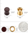 0G Ear Tunnel Plug Set Wood And Stainless Steel Double Flared Saddle Plugs with size comparison to a dime, 8mm, dark brown wood and gold tone.
