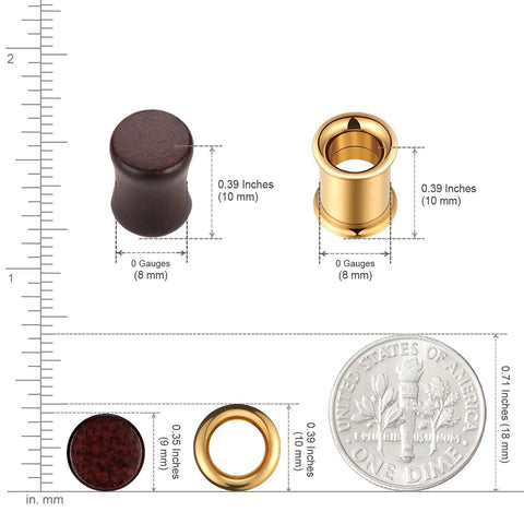 0G Ear Tunnel Plug Set Wood And Stainless Steel Double Flared Saddle Plugs with size comparison to a dime, 8mm, dark brown wood and gold tone.