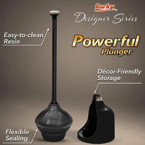Heavy Duty Black Toilet Plunger And Brushed Nickel Holder Knock Out Stubborn Clogs Fast With A Tight Seal For Zero Sweat Drain Clearing And Reliable Bathroom Upgrades Every Homeowner Wants For Quick Plumbing Fixes Daily, featuring a flexible sealing design.