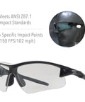 Acadia Shooting Glasses With Anti Fog Coating Clear Lenses Sporty Lightweight, showing side view with impact resistance test.