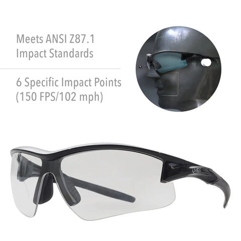 Acadia Shooting Glasses With Anti Fog Coating Clear Lenses Sporty Lightweight, showing side view with impact resistance test.