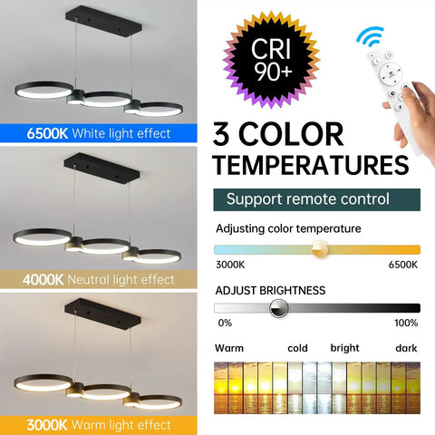 Dimmable 54W LED Chandelier with remote, showing adjustable 3000K-6500K color temperature settings and brightness control.