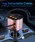 5 In 1 Ride Ready Retractable Car Charger With 90W Heavy Hitter Fast Charge in a car's console with retractable cables visible.